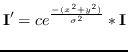 $\displaystyle \mathbf{I}^\prime = c e^\frac{-(x^2+y^2)}{\sigma^2} \ast \mathbf{I}
$